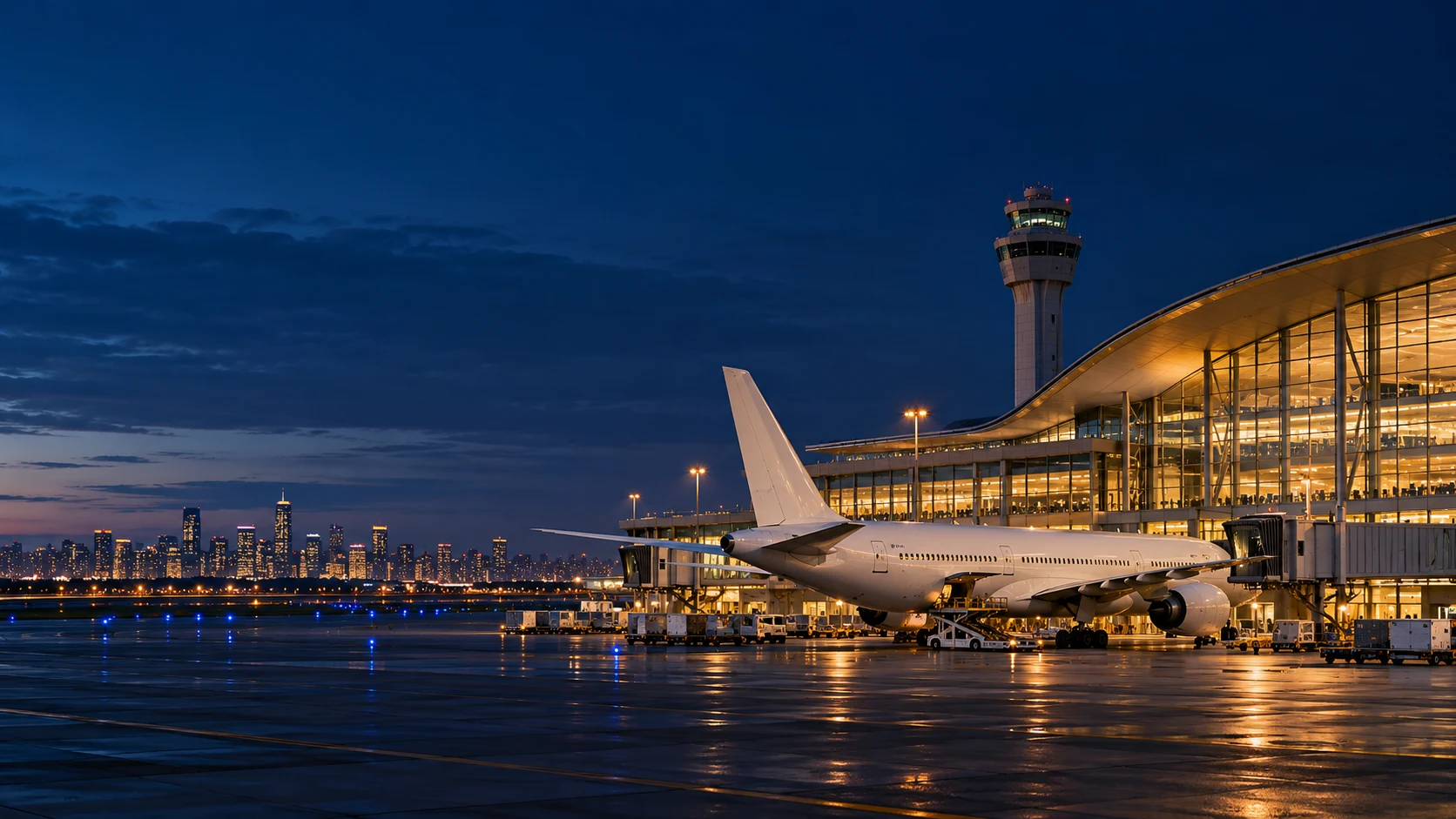 Conceptual airport terminal and aircraft at blue hour