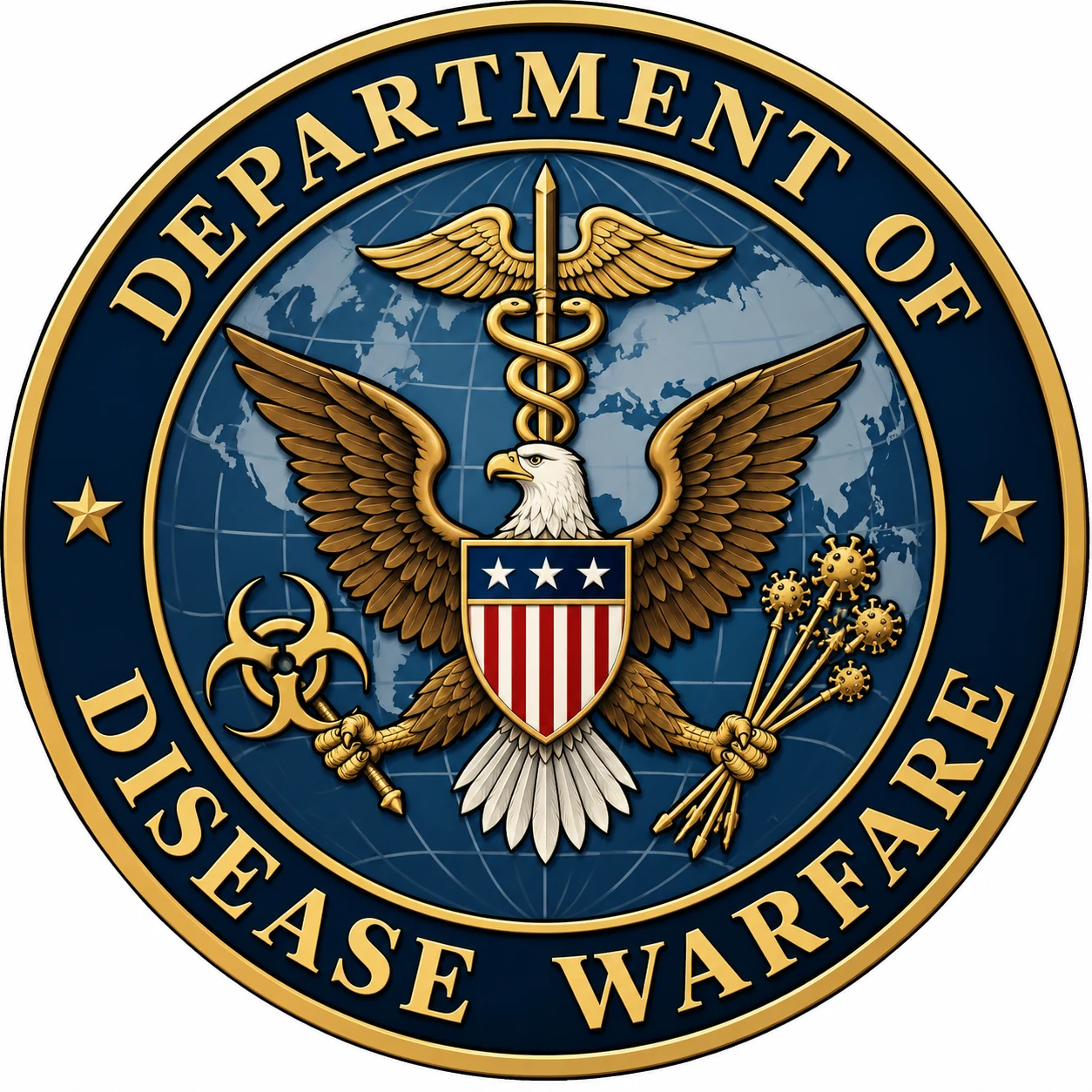 Supplied conceptual Department of Disease Warfare seal with eagle, globe and gold lettering