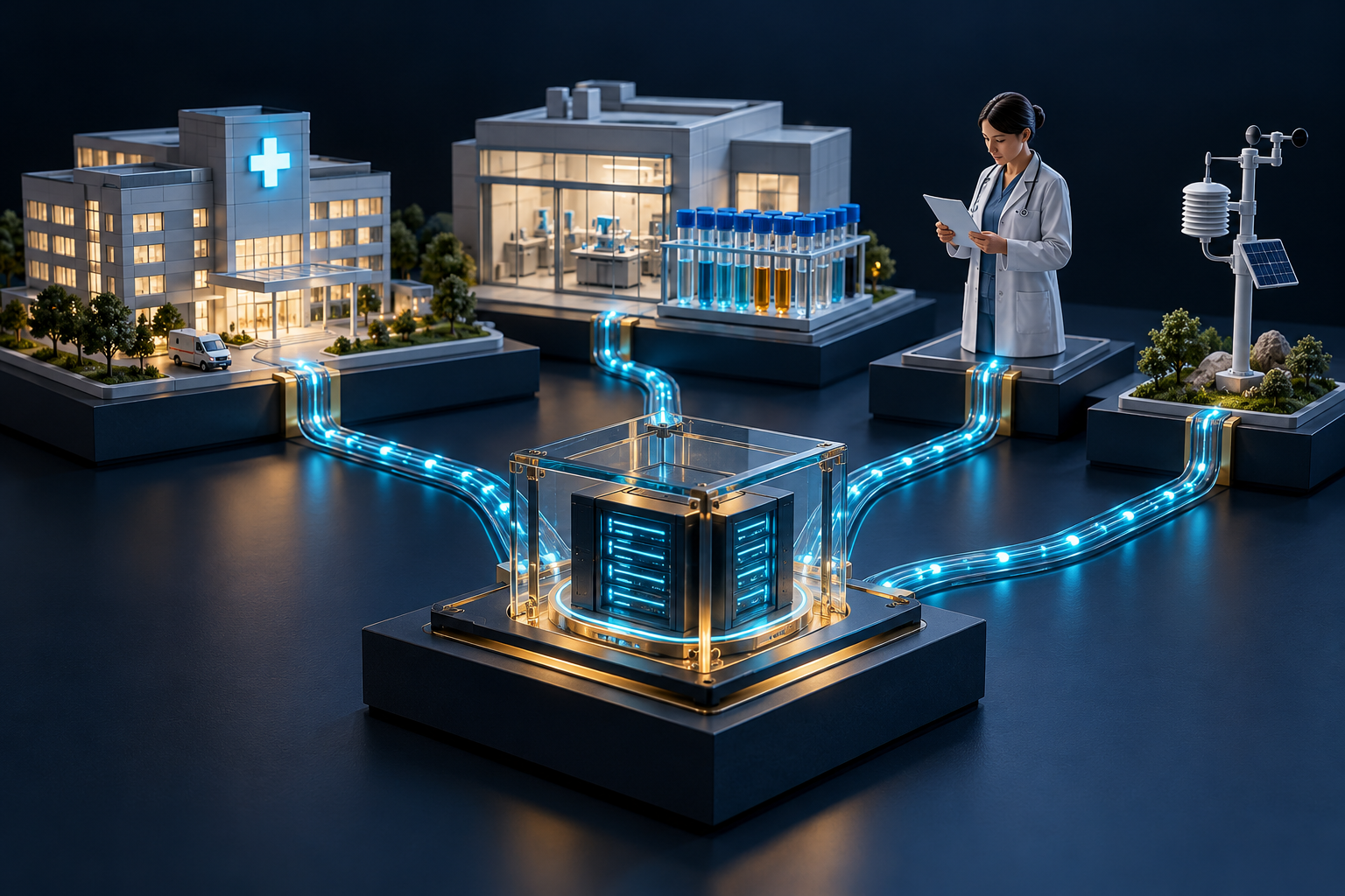 Hospitals, laboratory samples, a clinician and an environmental sensor sending permitted incident information to a protected intake hub.
